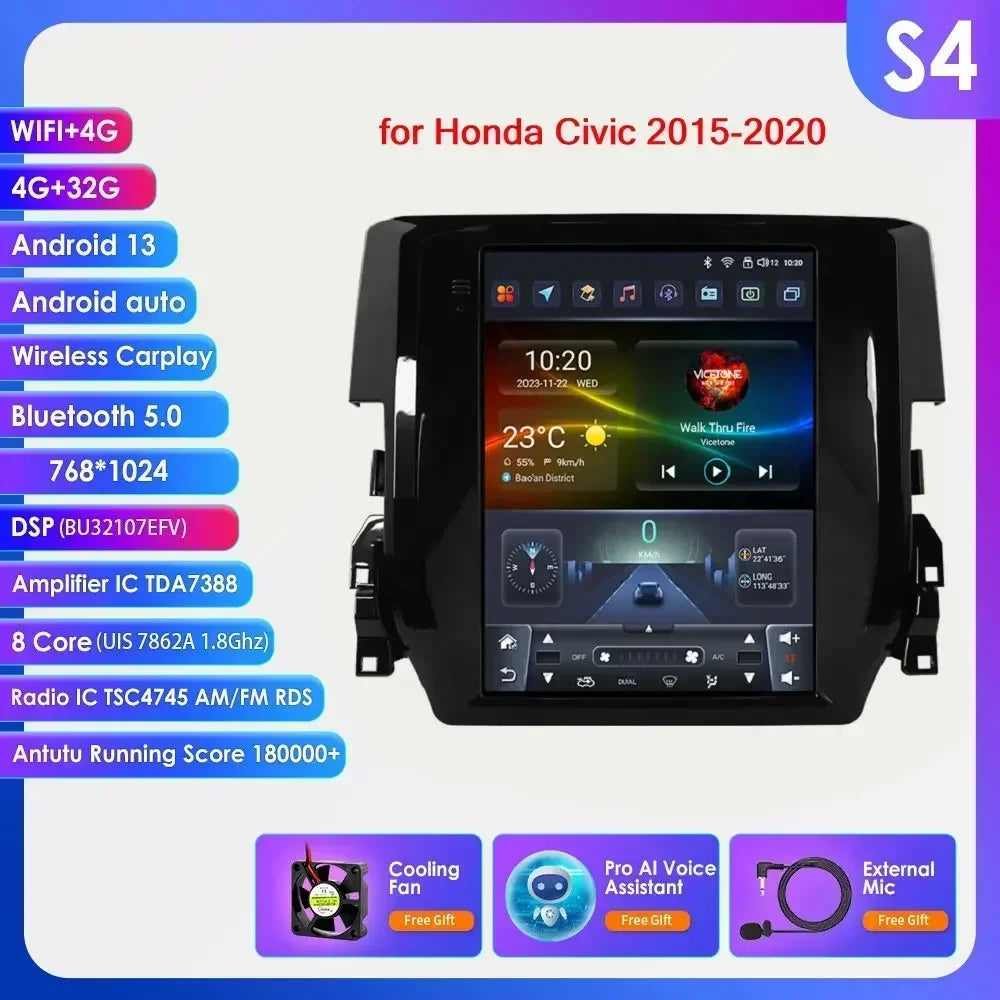 Honda Civic 2015-2020 9.7" Android 14 Carplay Android auto wireless wifi bt gps 4g AUTMCVCH3