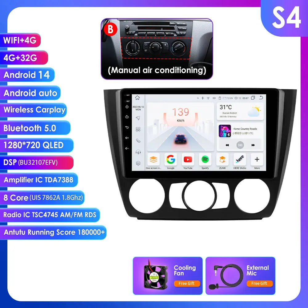 BMW 1 Series E81 E82 E87 E88 2004-2011 9" Android 14 Carplay Android auto wireless wifi bt gps 4g AUTM9KFA
