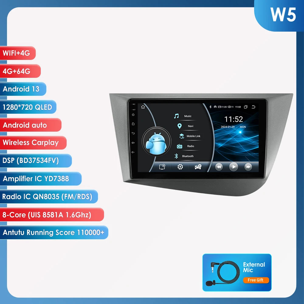 Seat Leon 2 MK2 2005 - 2012 9" Android 14 Carplay Android auto wireless wifi bt gps 4g AUTMJ9VX
