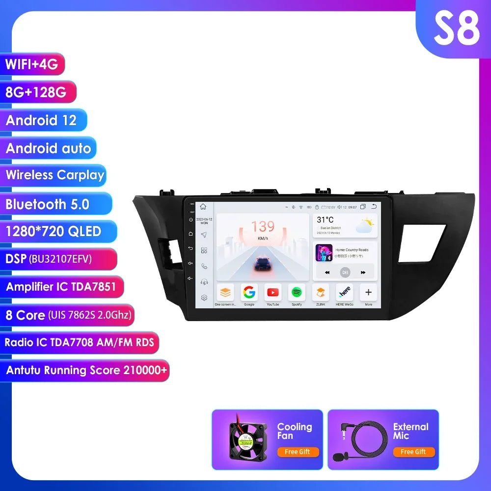 Toyota Corolla 2014-2016 9" Android 14 Carplay Android auto wireless wifi bt gps 4g AUTMCOPZT