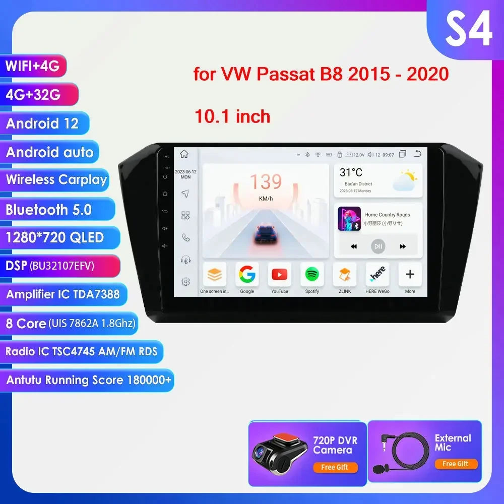 VW Passat B8 2014 -2023 10,1" Android 14 Carplay Android auto wireless wifi bt gps 4g AUTMP6CD