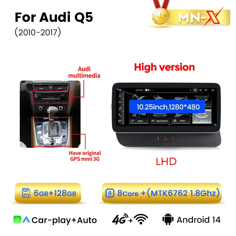 Audi Q5 2009-2016 10,25" Android 14 Wireless CarPlay Android Auto Radio Multimedia 4G DSP Navigatore AUTM9NRU