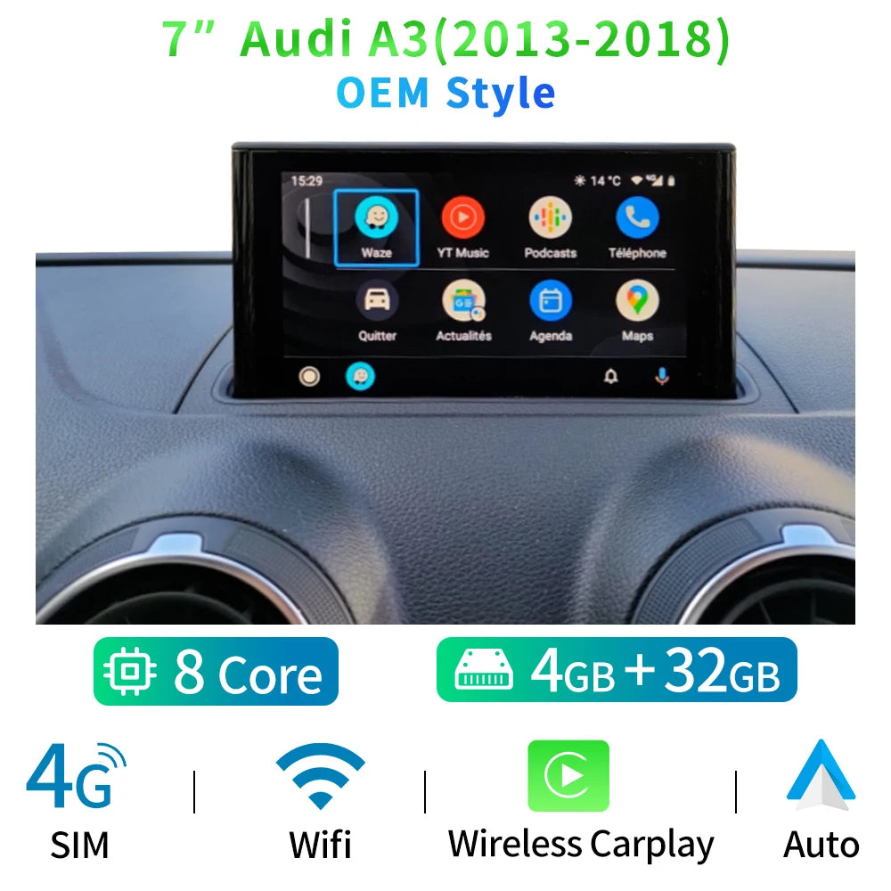 Audi A3 2013-2018 7" Wireless Carplay Android auto GPS BT WIFI 4G Android 13 AUTMADIA37