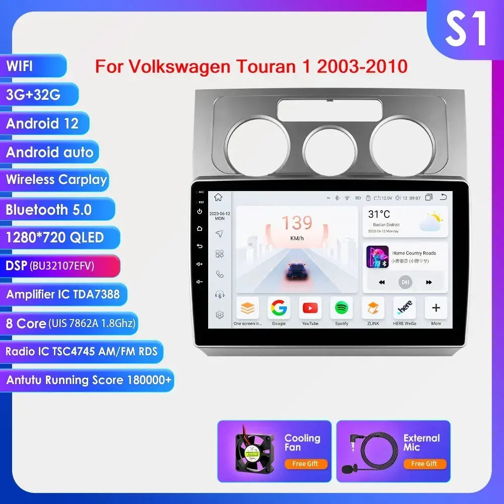 Volkswagen Touran 1 2003-2010 9" / 10,33" Android 14 Carplay Android auto wireless wifi bt gps 4g AUTMN784
