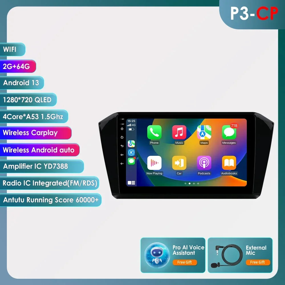 VW Passat B8 2014 -2023 10,1" Android 14 Carplay Android auto wireless wifi bt gps 4g AUTMP6CD
