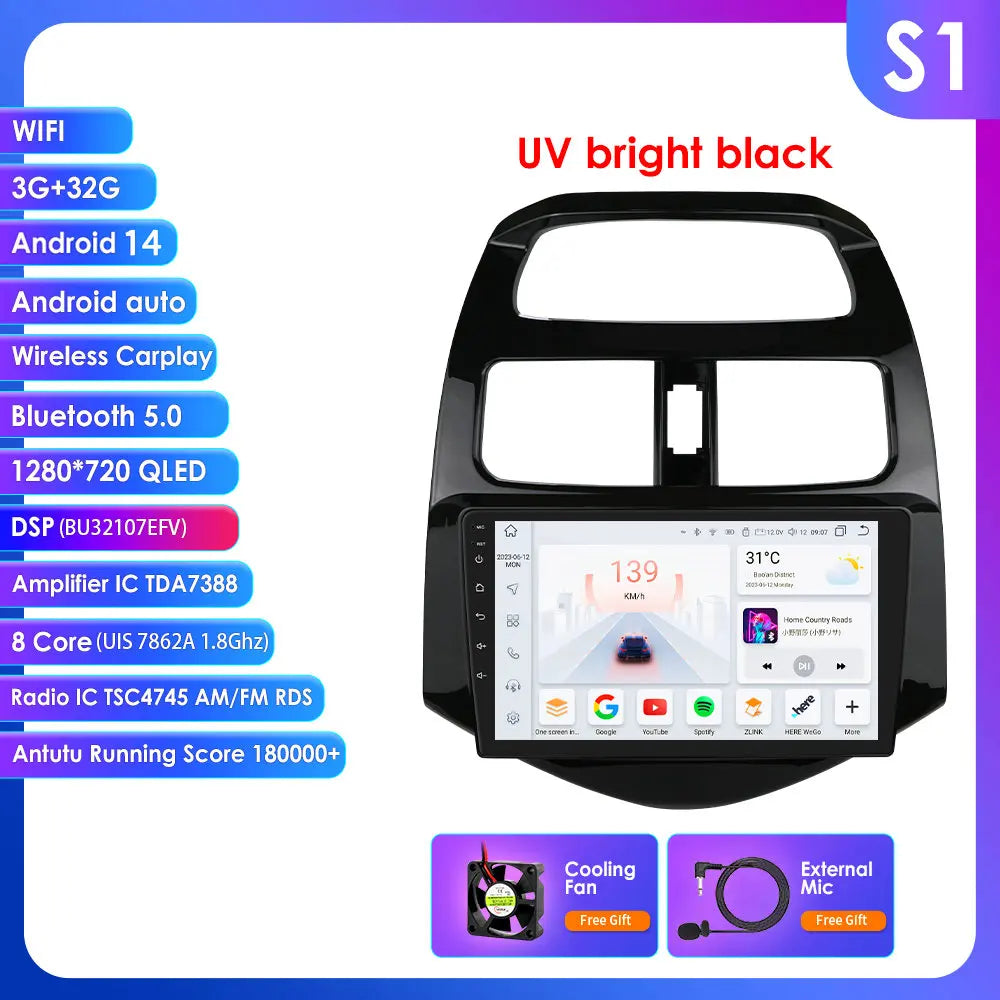 Chevrolet Spark Beat Matiz Creative 2010-2014 9" Android 14 Carplay Android auto wireless wifi bt gps 4g AUTMTPT1