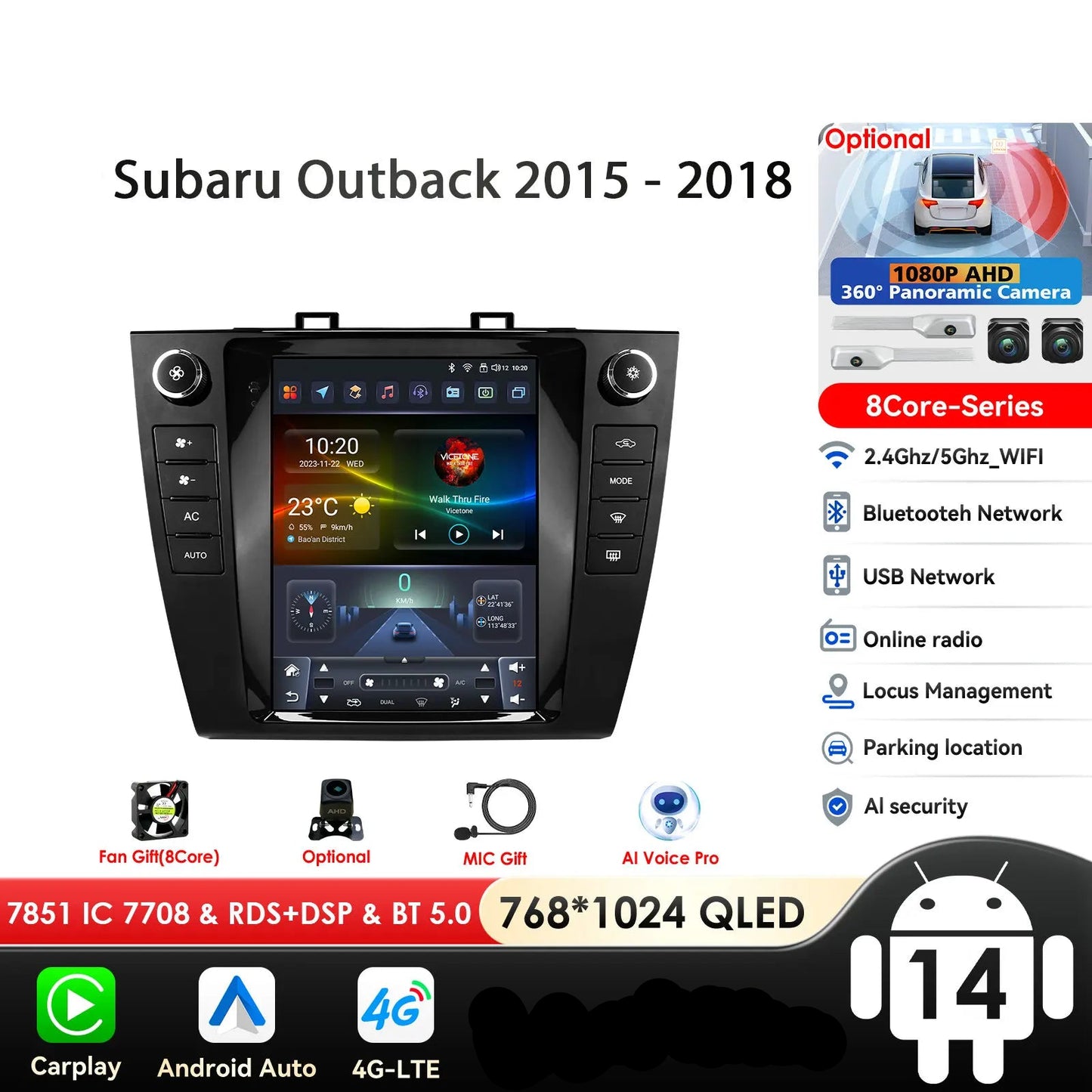 Subaru Outback 2015 - 2018 9.7" Android 14 Carplay Android auto wireless wifi bt gps 4g AUTMUTSB4
