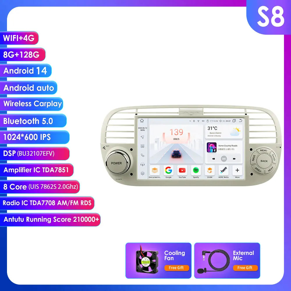 Fiat 500 2007 - 2015 7" Android 14 Carplay Android auto wireless wifi bt gps 4g AUTM7QGL