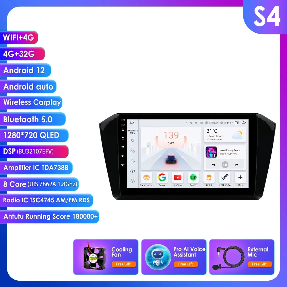 VW Passat B8 2014 -2023 10,1" Android 14 Carplay Android auto wireless wifi bt gps 4g AUTMP6CD