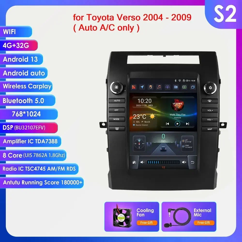 Toyota Verso 2004-2009 9,7" Android 14 Carplay Android auto wireless wifi bt gps 4g AUTMA88T