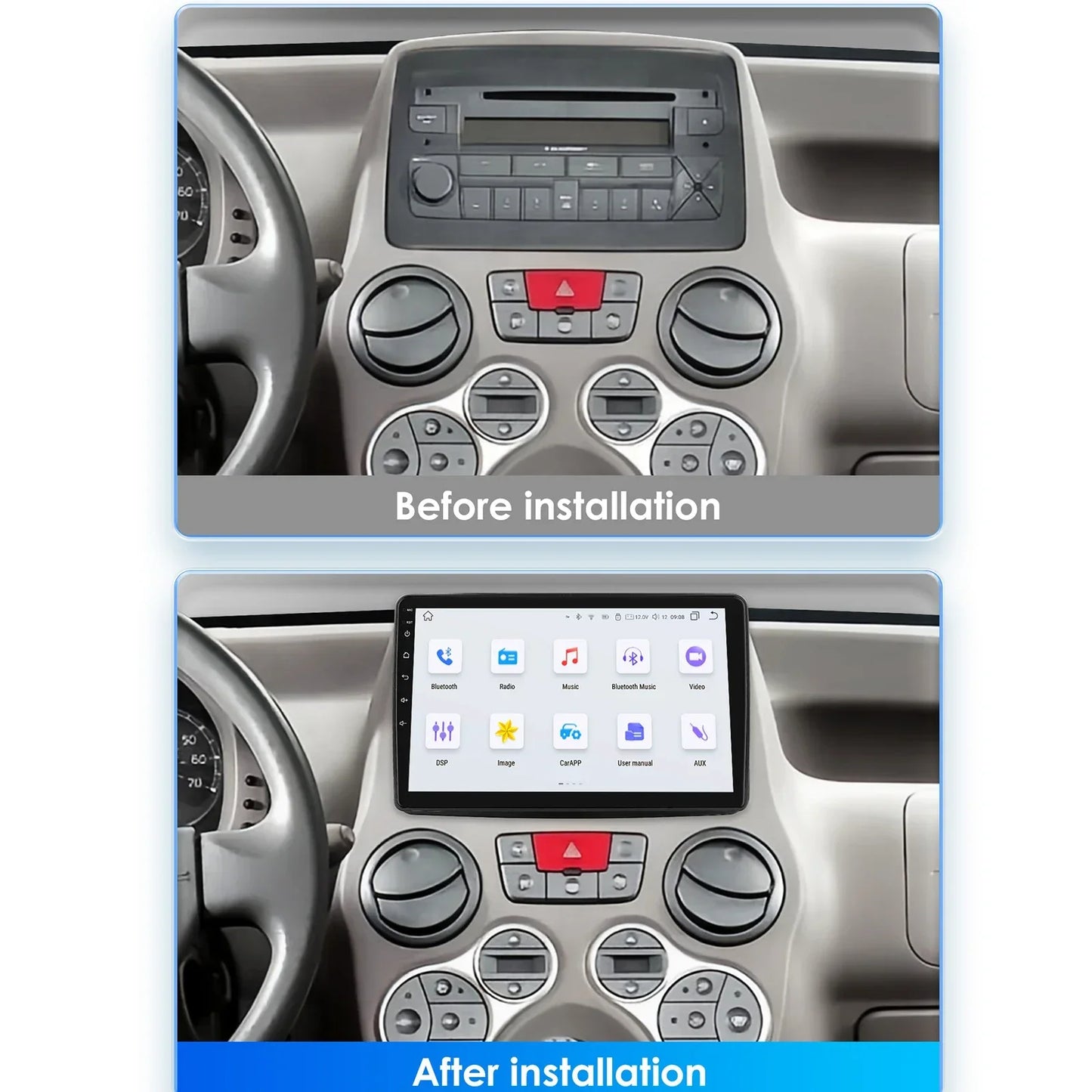 Fiat Panda 2003 - 2012 9" Android 14 Carplay Android auto wireless wifi bt gps 4g AUTMWUM9