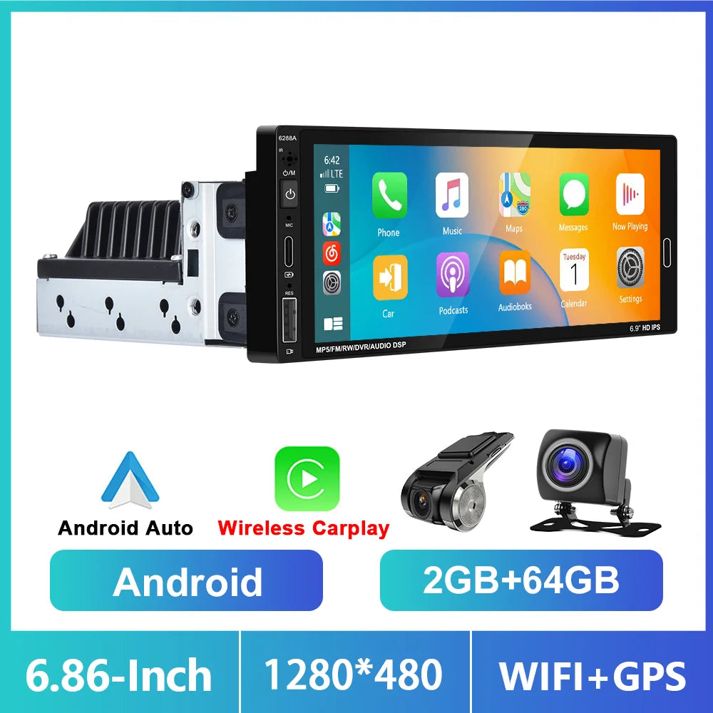 1din 6.86'' Android Car Stereo Radio 2+64G Wireless Carplay Android auto Bluetooth WIFI GPS FM Radio RDS AUTMRDNV1