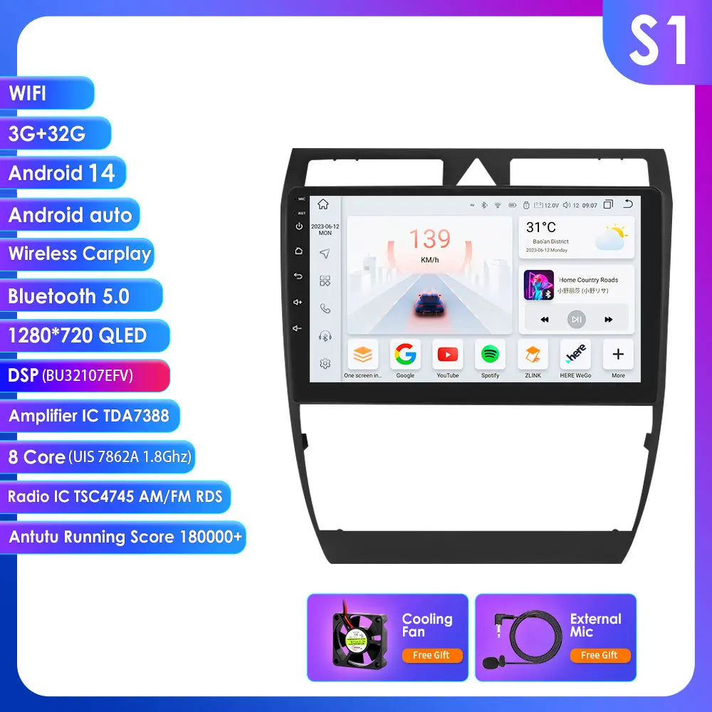 Audi A6 C5 1997-2004 S6 RS6 9" Android 14 Carplay Android auto wireless wifi bt gps 4g AUTMA9VK