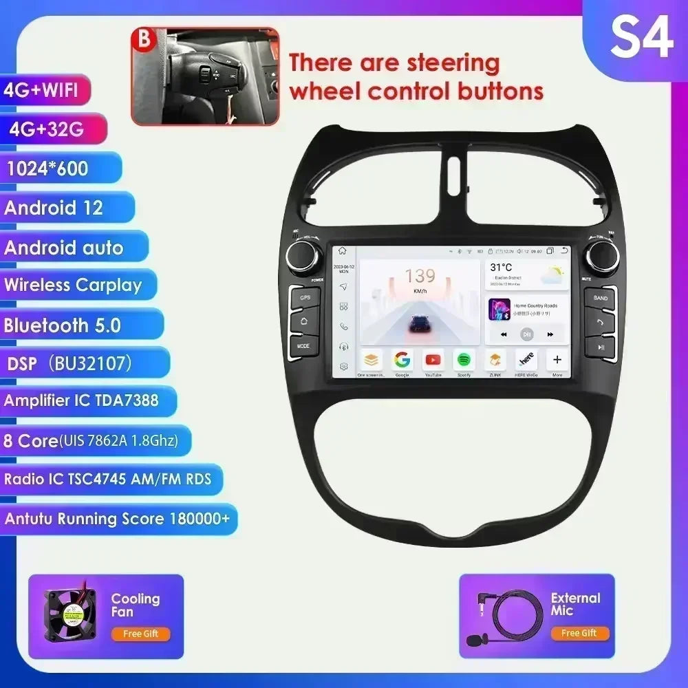 Peugeot 206 206CC 206SW 2000-2008 9" Android 14 Carplay Android auto wireless wifi bt gps 4g AUTM9GQB