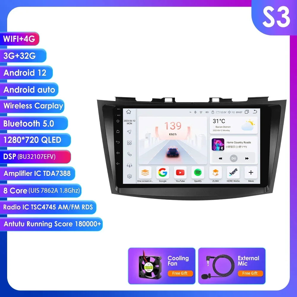 Suzuki Swift 4 2011-2015 9" Android 14 Carplay Android auto wireless wifi bt gps 4g AUTMSCNB