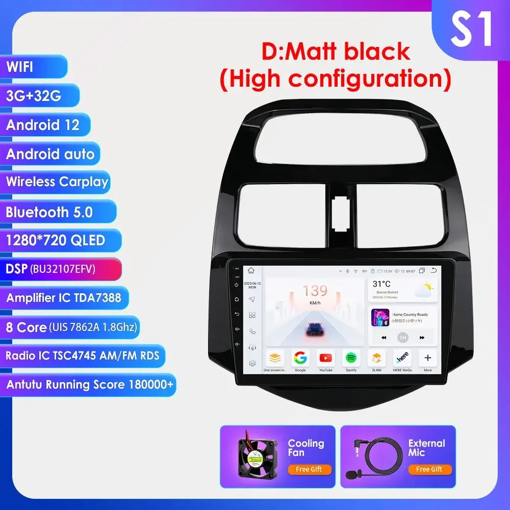 Chevrolet Spark Beat Matiz Creative 2010-2014 9" Android 14 Carplay Android auto wireless wifi bt gps 4g AUTMTPT1