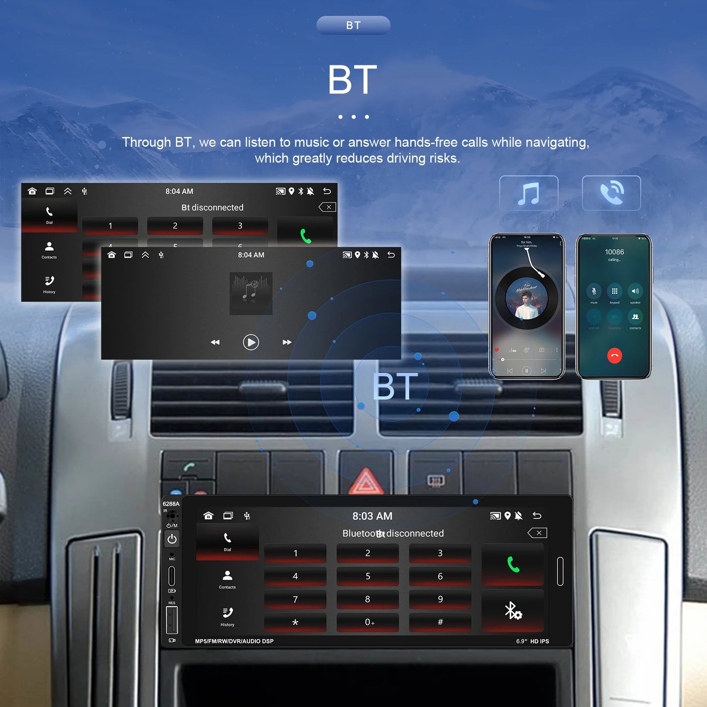 1din 6.86'' Android Car Stereo Radio 2+64G Wireless Carplay Android auto Bluetooth WIFI GPS FM Radio RDS AUTMRDNV1