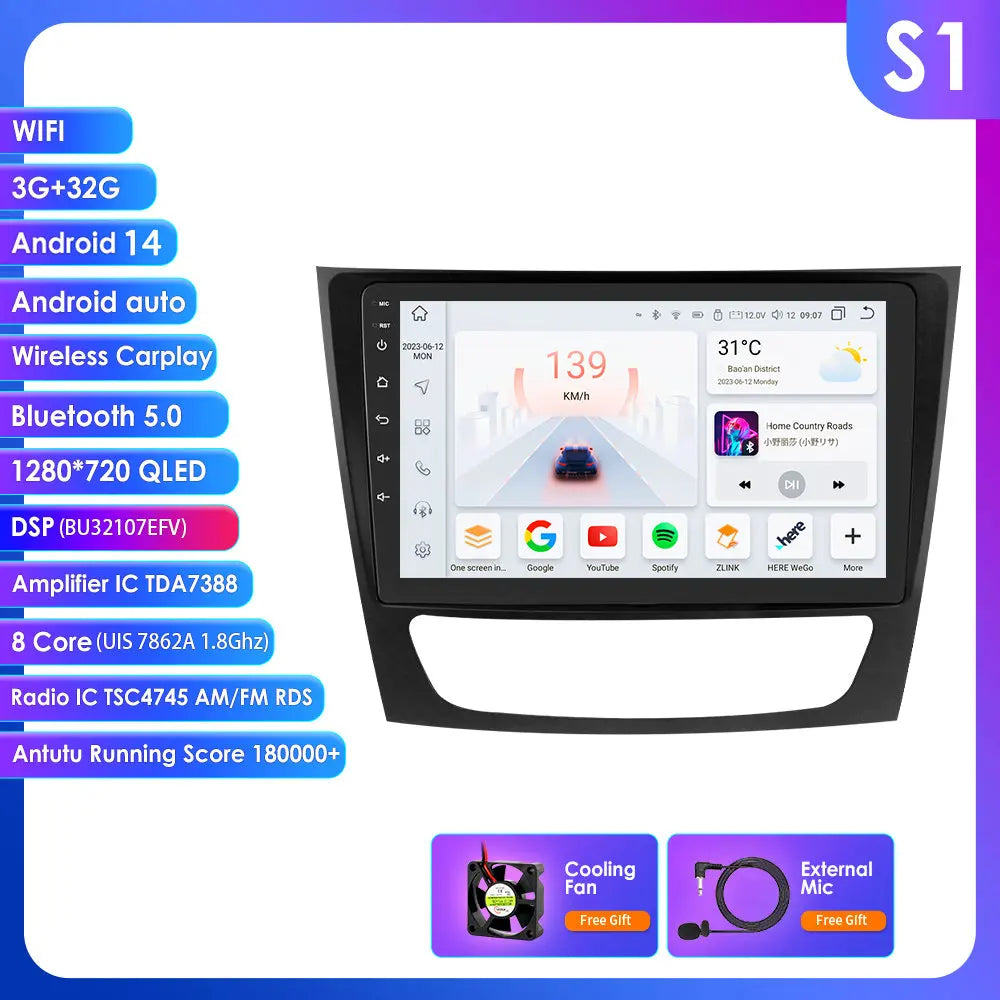 Mercedes Benz E-Class W211 E200 E220 E300 E350 E240 E270 E280 CLS W219 55 C W463 CLK 9" Android 14 Carplay Android auto wireless wifi bt gps 4g AUTMPAP0