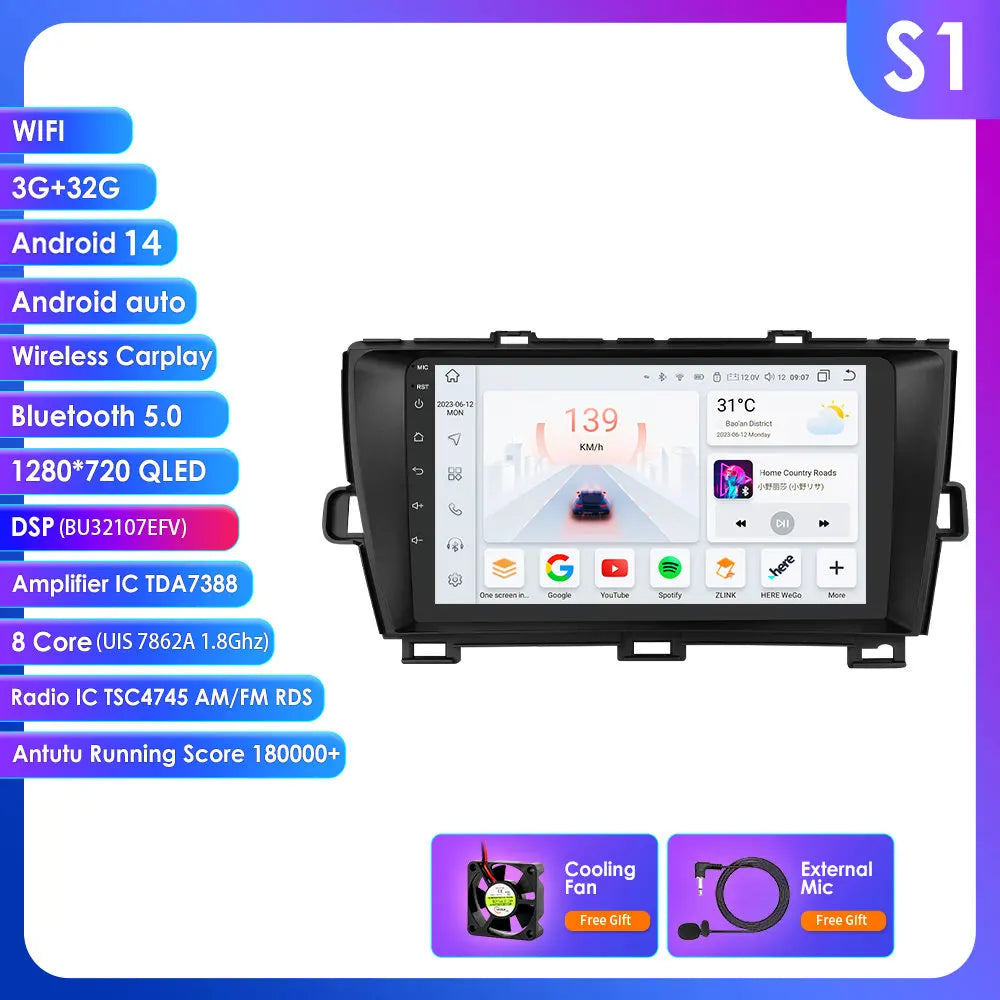 Toyota Prius XW30 2009-2015 9"Android 14 Carplay Android auto wireless wifi bt gps 4g RDS AUTMTAPY