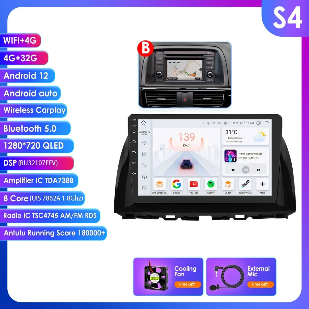 Mazda CX5 CX-5 CX 5 2012 - 2015 9" Android 14 Carplay Android auto wireless wifi bt gps 4g AUTMAPJJ