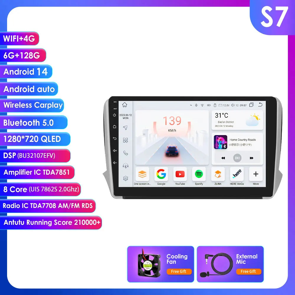 Peugeot 208 2008 Series 2012-2018 9" Android 14 Carplay Android auto wireless wifi bt gps 4g AUTM0LAH