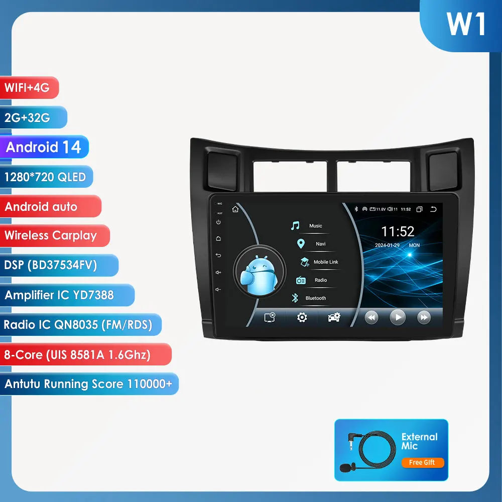 Toyota Yaris 2005-2012 9" Android 14 Carplay Android auto wireless wifi bt gps 4g AUTMT2N6