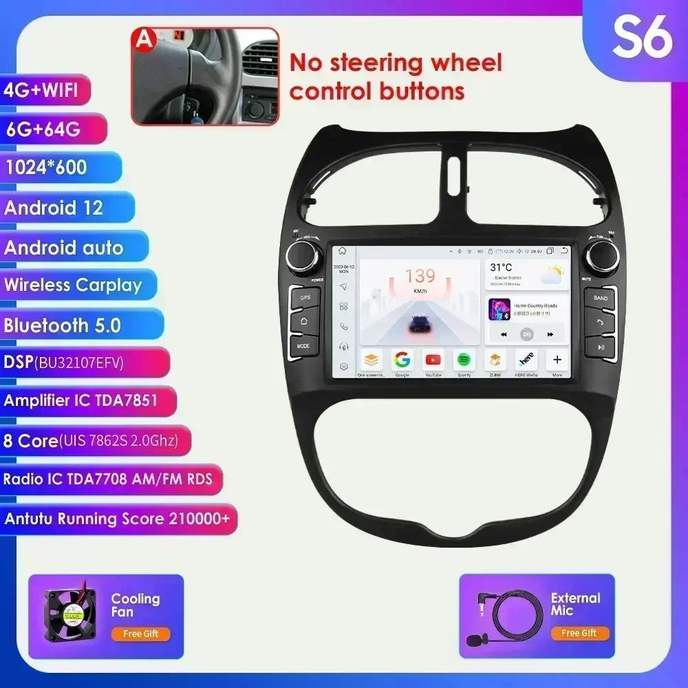 Peugeot 206 206CC 206SW 2000-2008 9" Android 14 Carplay Android auto wireless wifi bt gps 4g AUTM9GQB