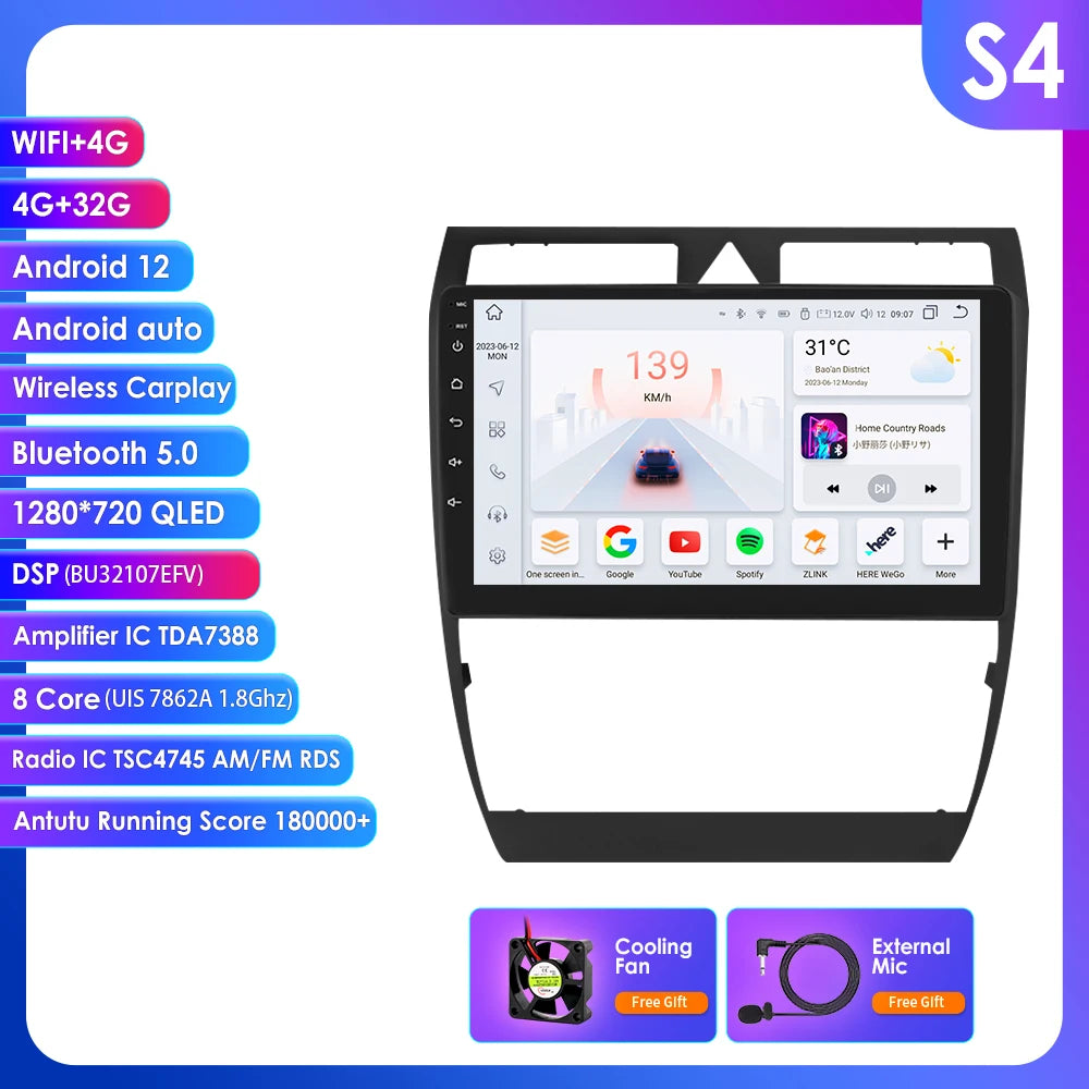 Audi A6 C5 1997-2004 S6 RS6 9" Android 14 Carplay Android auto wireless wifi bt gps 4g AUTMA9VK