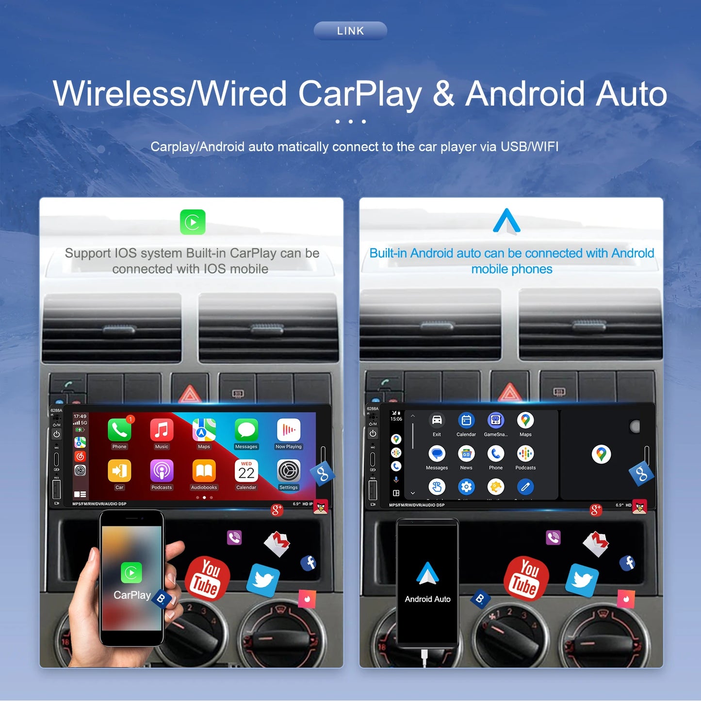1din 6.86'' Android Car Stereo Radio 2+64G Wireless Carplay Android auto Bluetooth WIFI GPS FM Radio RDS AUTMRDNV1