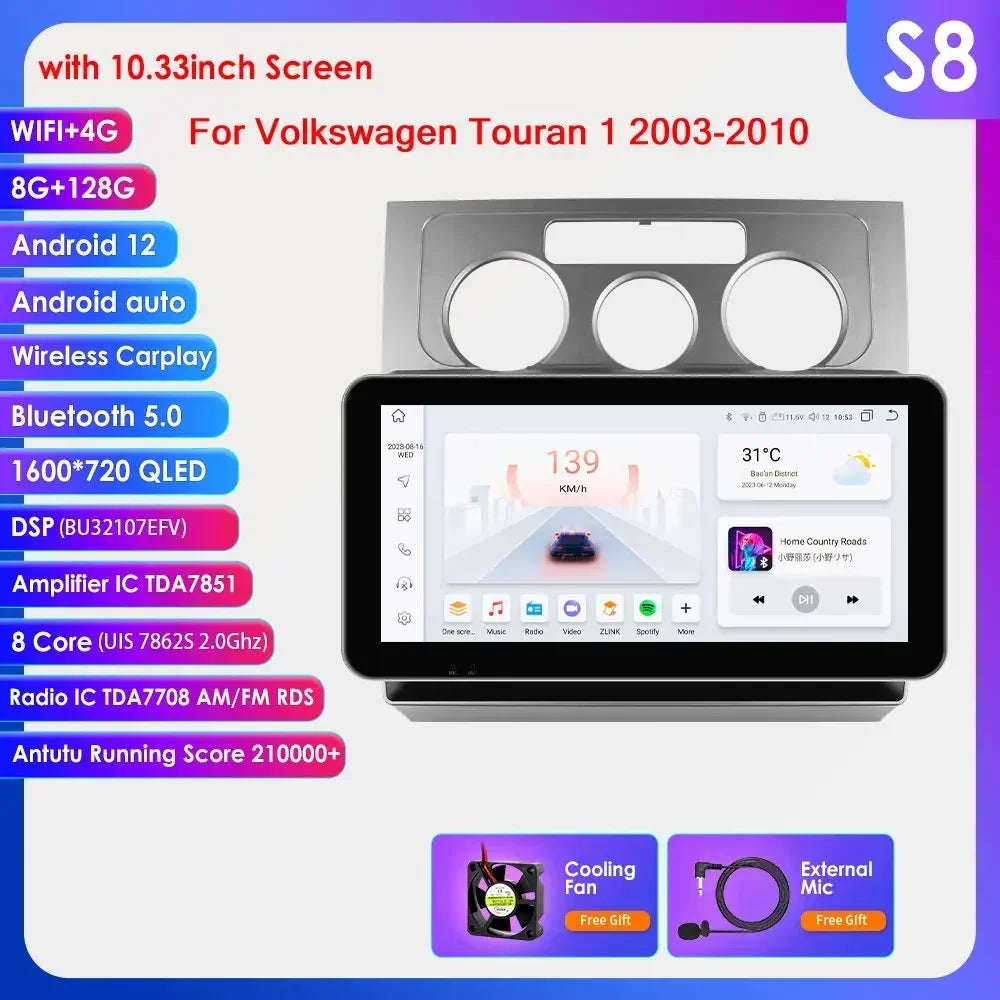 Volkswagen Touran 1 2003-2010 9" / 10,33" Android 14 Carplay Android auto wireless wifi bt gps 4g AUTMN784