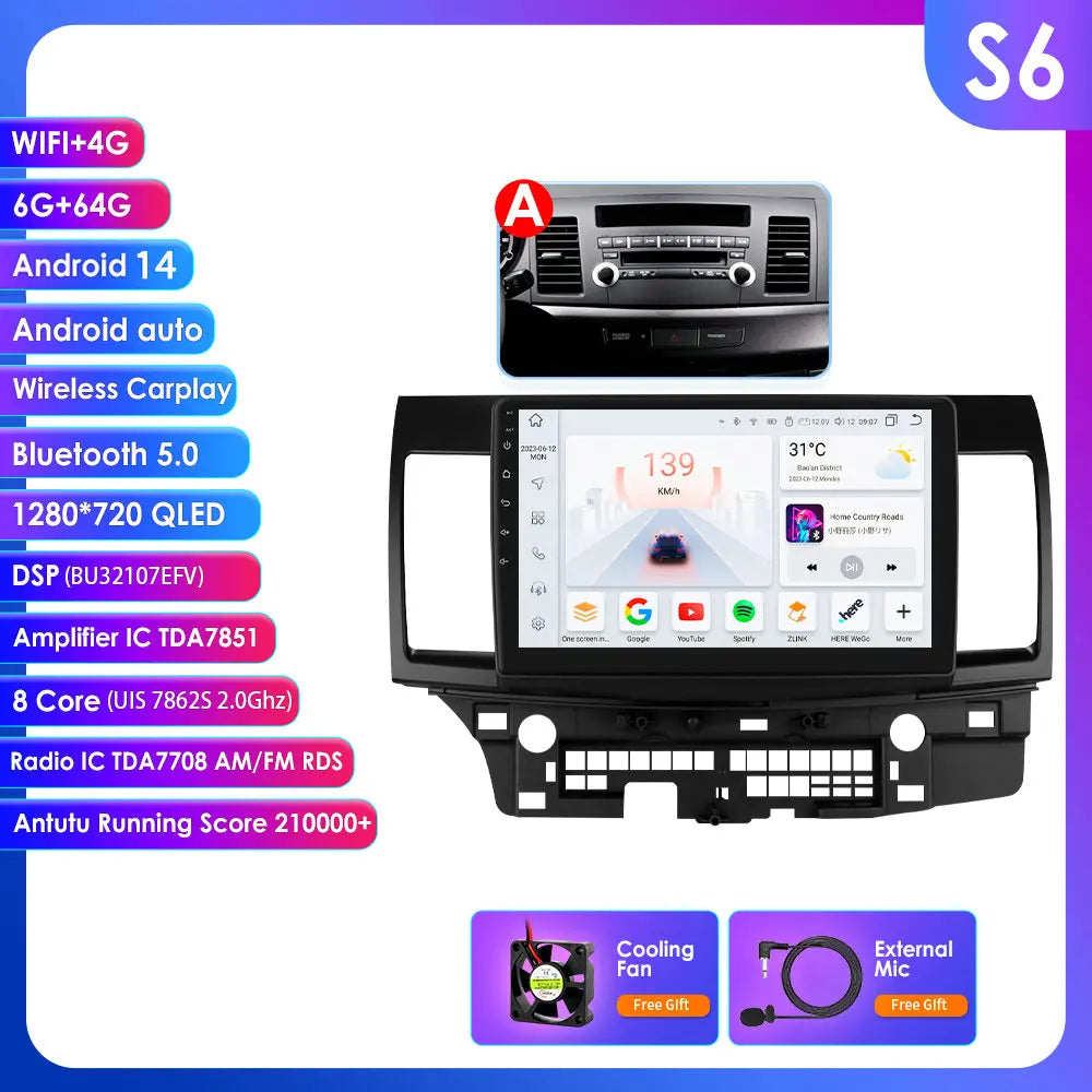 Mitsubishi Lancer 2007-2012 9" Android 14 Carplay Android auto wireless wifi bt gps 4g AUTMLCRMT