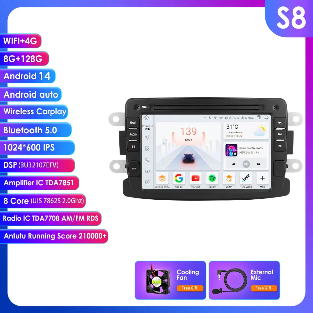 Dacia Logan Dokker Duster Sandero Lodgy Renault Captur 2011-2017 7" Android 14 Carplay Android auto wireless wifi bt gps 4g AUTMSQF6