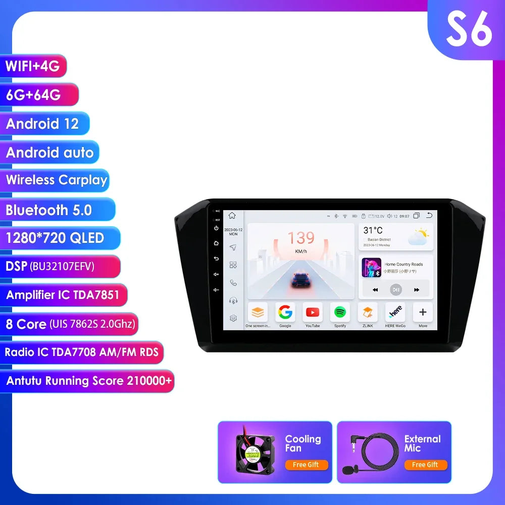 VW Passat B8 2014 -2023 10,1" Android 14 Carplay Android auto wireless wifi bt gps 4g AUTMP6CD