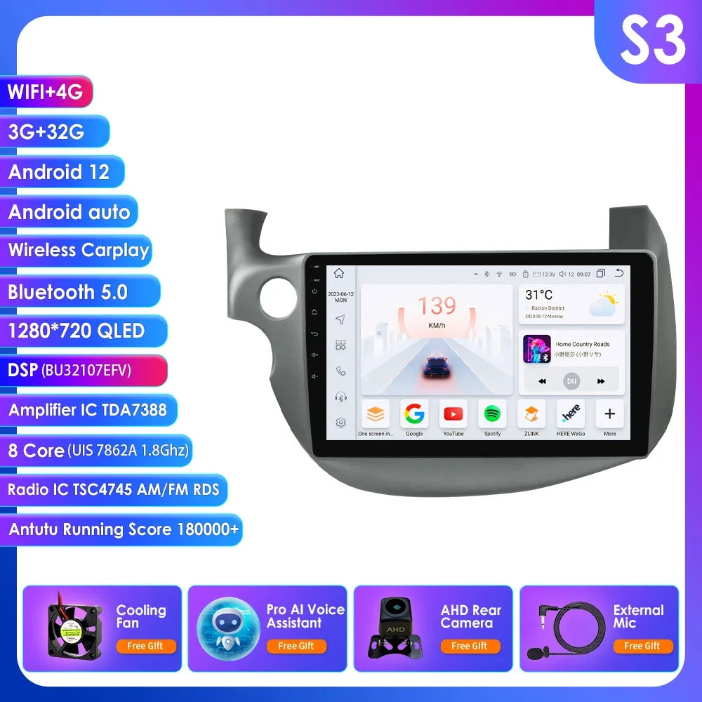 HONDA FIT JAZZ 2007-2013 9" Android 14 Carplay Android auto wireless wifi bt gps 4g AUTMJZFHD