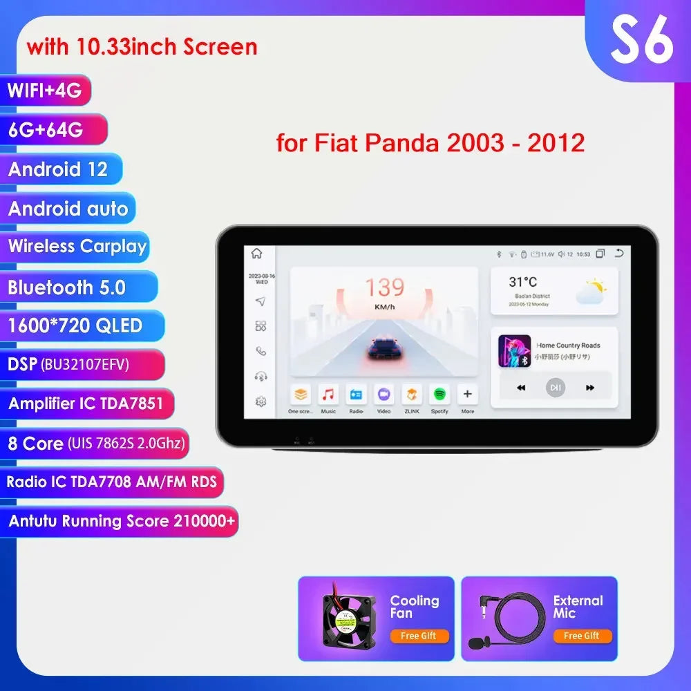 Fiat Panda 2003 - 2012 9" Android 14 Carplay Android auto wireless wifi bt gps 4g AUTMWUM9