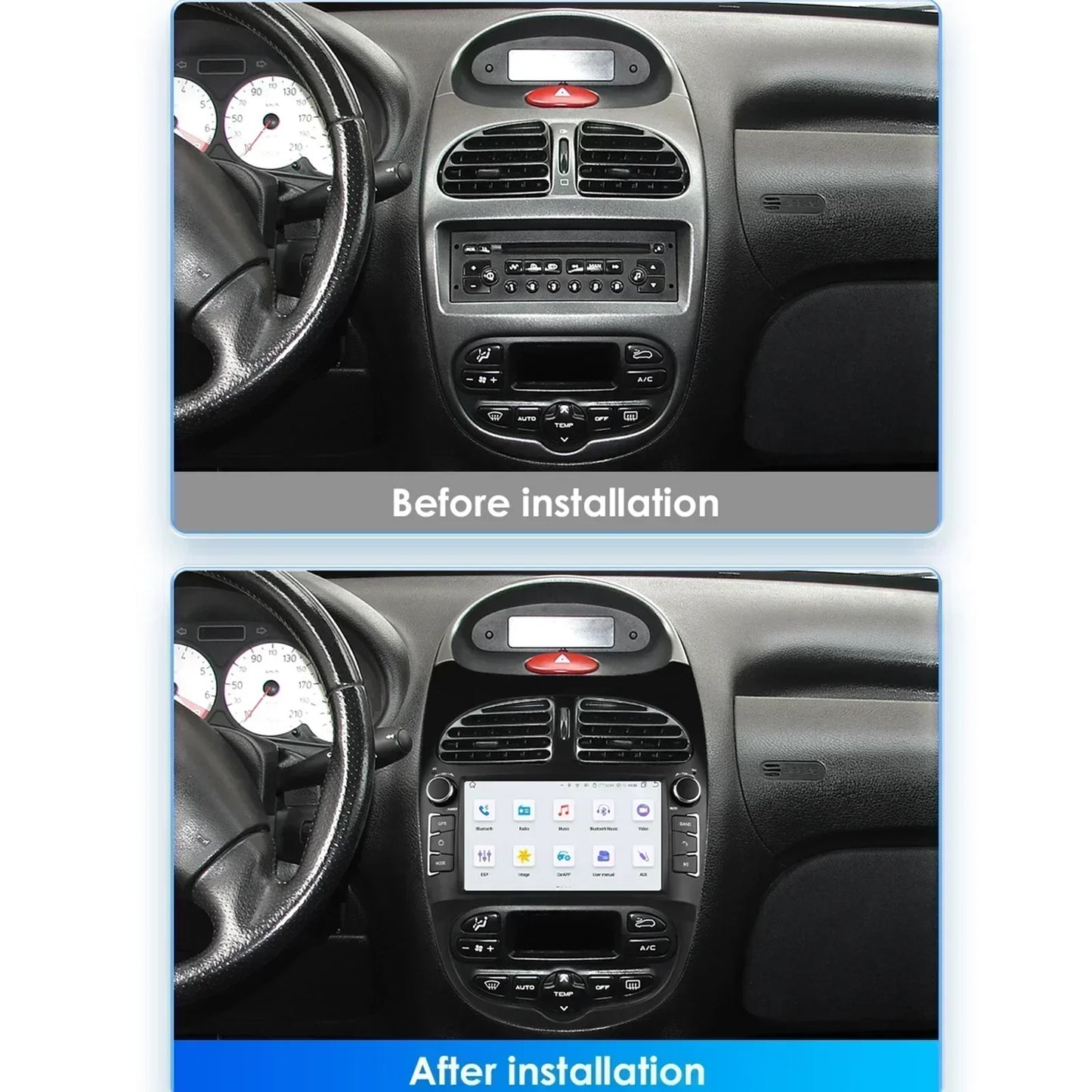 Peugeot 206 206CC 206SW 2000-2008 9" Android 14 Carplay Android auto wireless wifi bt gps 4g AUTM9GQB