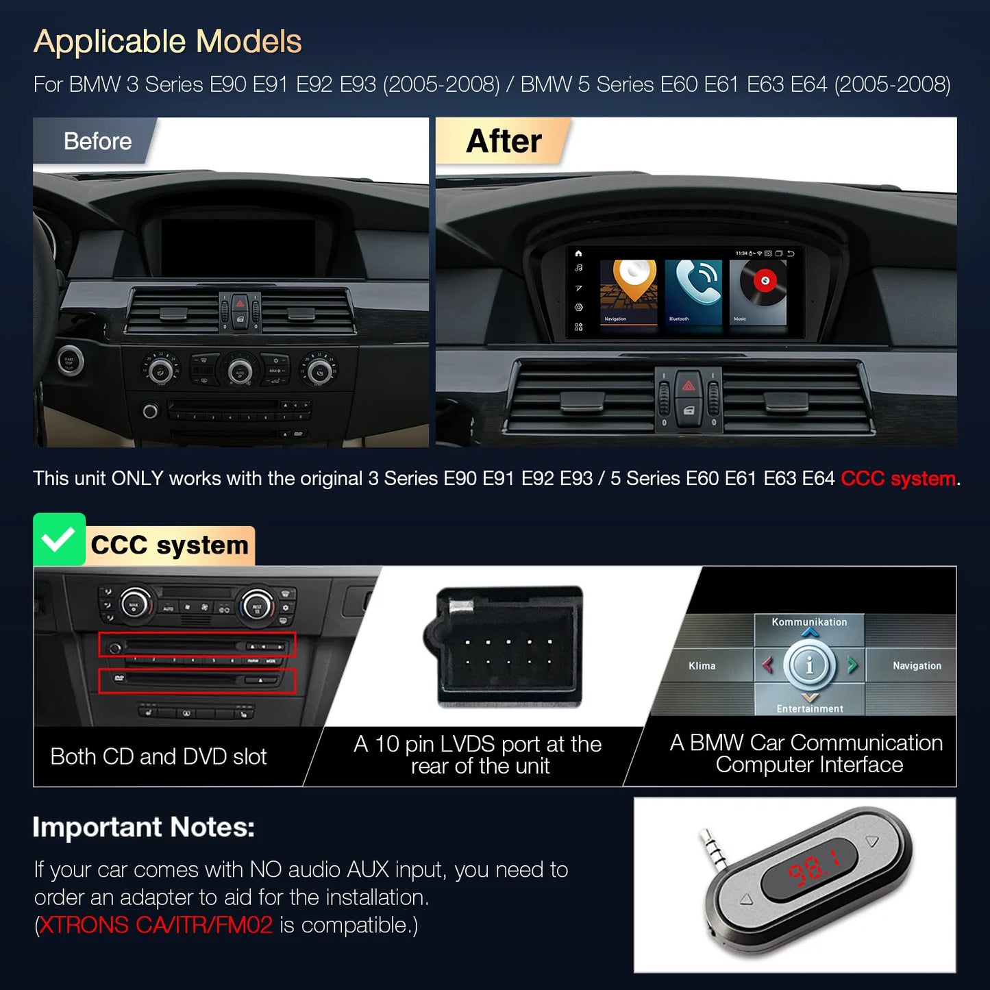 BMW 5 Series E60 E61 E63 E64 /3 Series E90 E91 E92 E93 CIC/CCC 2005-2012 8.8'' Android 13 Car Multimedia Player 4G QPBS8360CI