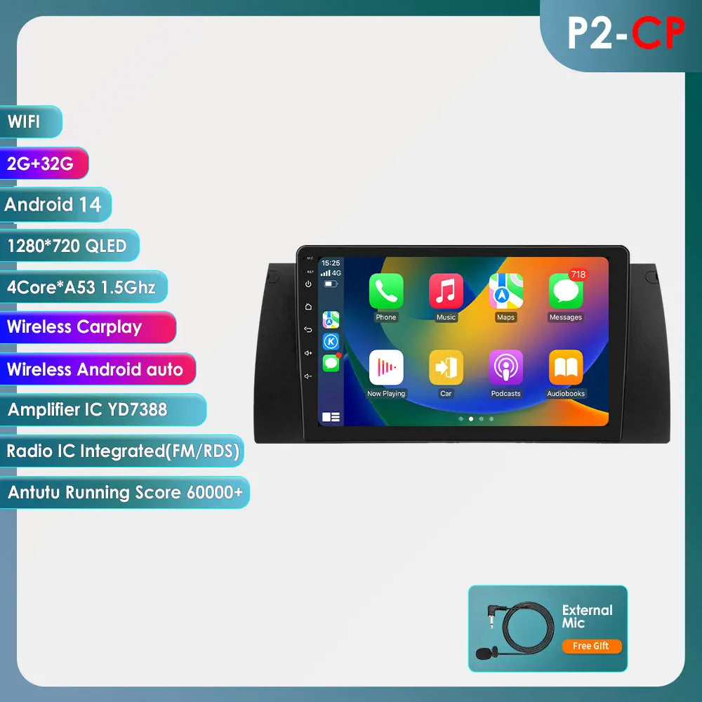 BMW 5 E39 E53 X5 1995-2006 9" Android 14 Carplay Android auto wireless wifi bt gps 4g AUTM4O3C