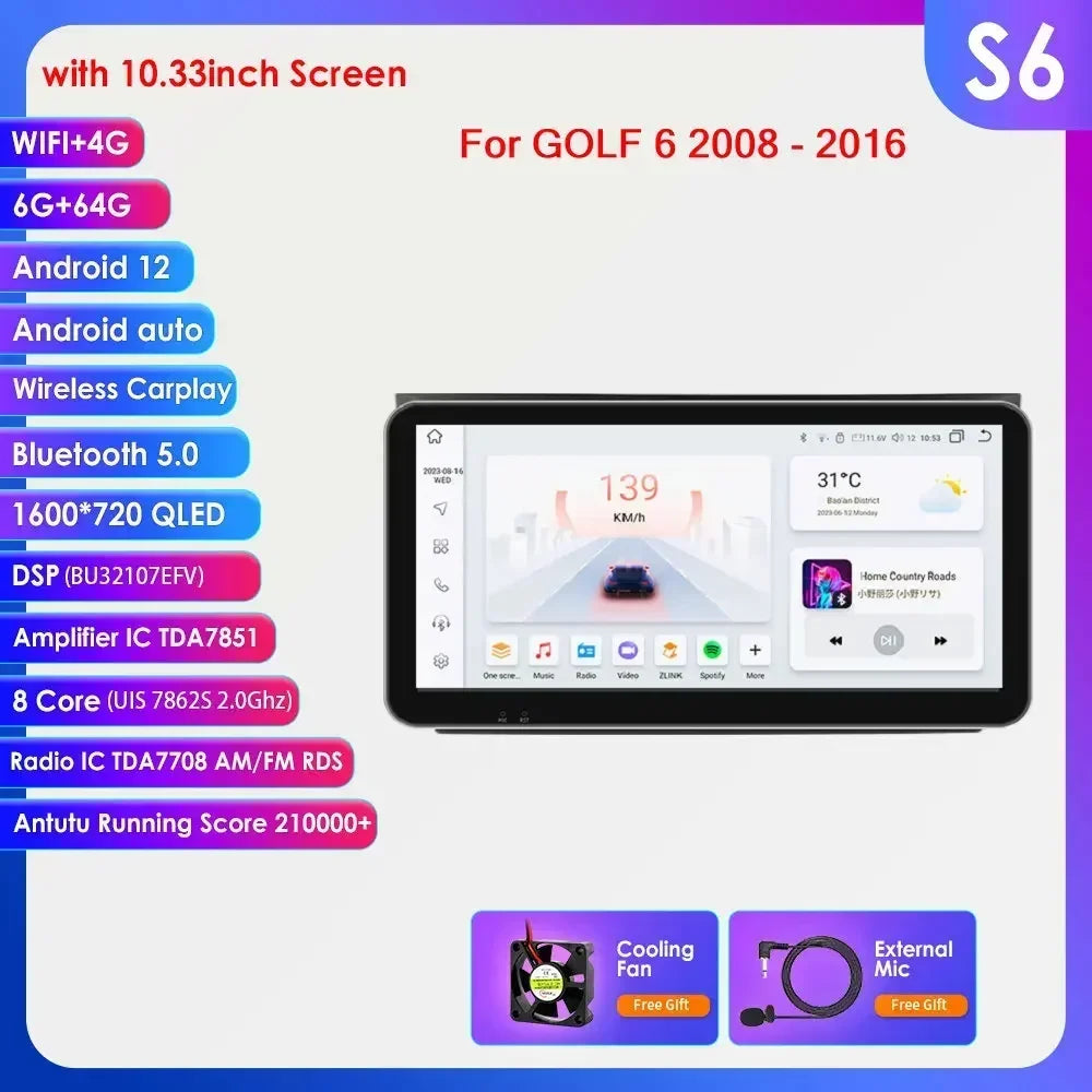 Volkswagen Golf 6 2008 - 2016 9" Android 14 Carplay Android auto wireless wifi bt gps 4g AUTM2L0X