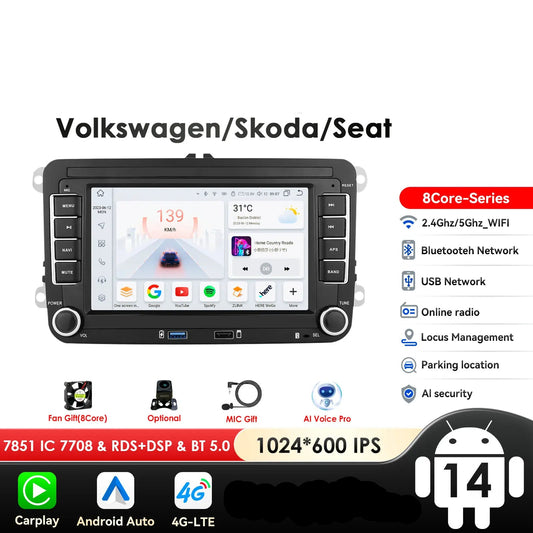 VW / Volkswagen Golf 5 6 Passat B7 B6 Skoda Seat Octavia Polo Tiguan Jetta 7" Android 14 Carplay Android auto wireless wifi bt gps 4g AUTM69U1