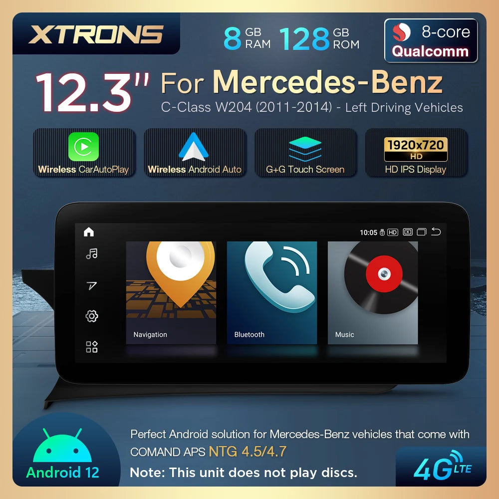 Mercedes W204 NTG 4.5 / 4.7 12.3'' Android12 8+128 Car Radio CarPlay Android Auto 4G QXM2245PM12C45L