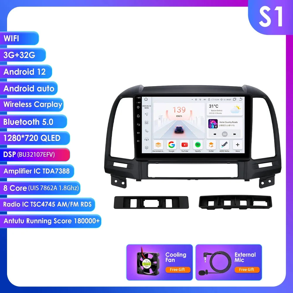 Hyundai Santa Fe 2 2006 - 2012 9" Android 14 Carplay Android auto wireless wifi bt gps 4g AUTMC8Y7