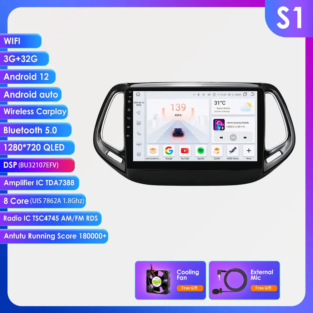 Jeep Compass 2017 -2020 10" Android 14 Carplay Android auto wireless wifi bt gps 4g AUTM4RUA