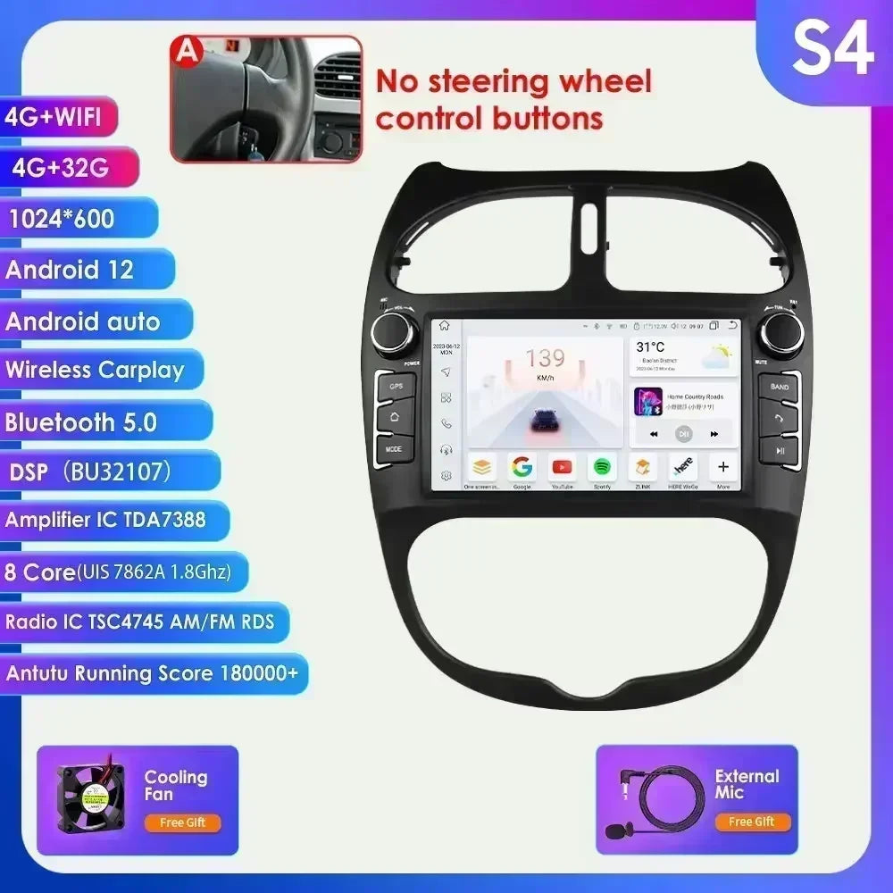 Peugeot 206 206CC 206SW 2000-2008 9" Android 14 Carplay Android auto wireless wifi bt gps 4g AUTM9GQB