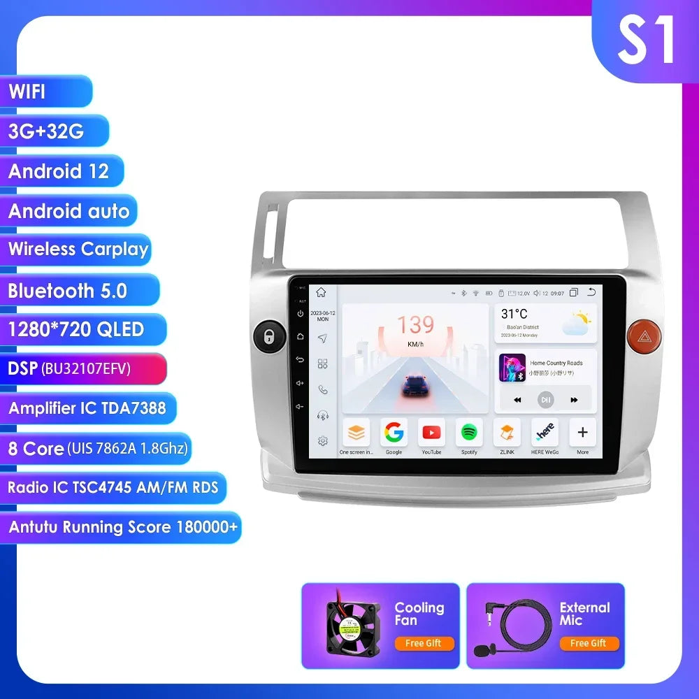 Citroen C4 C-Quatro 2004-2009 9" Android 14 Carplay Android auto wireless wifi bt gps 4g AUTM4029