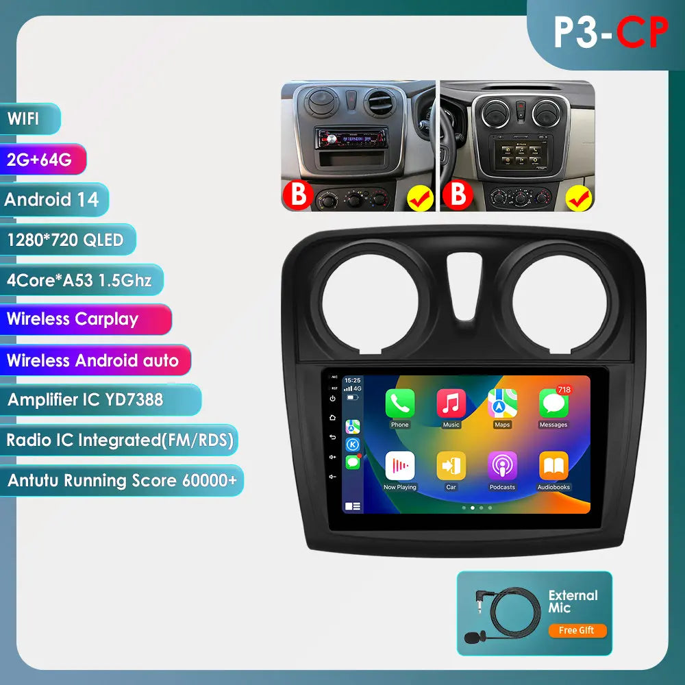 Dacia Logan 2 II Sandero 2 2012-2019 9" Android 14 Carplay Android auto wireless wifi bt gps 4g AUTMH2D9