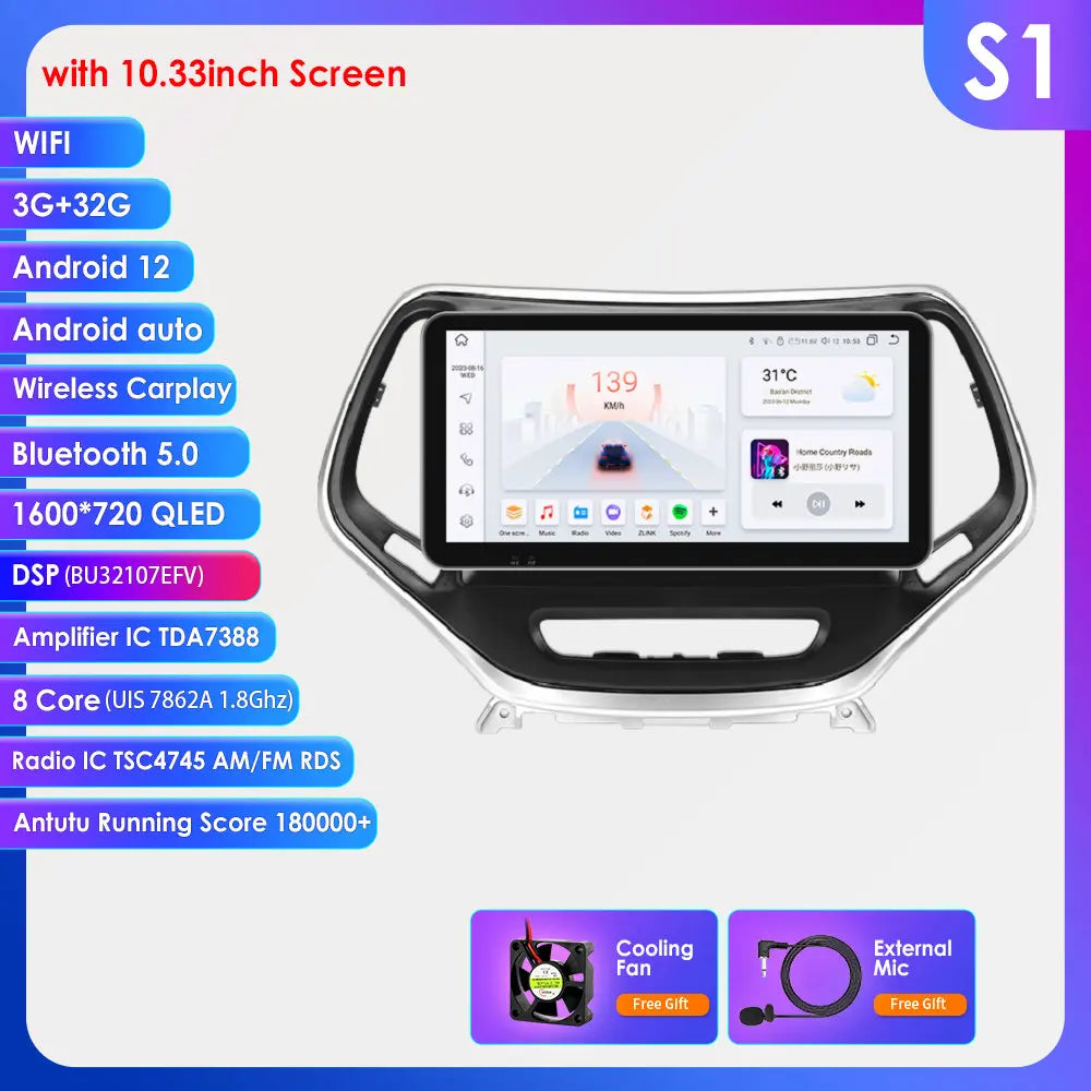 Jeep Cherokee 5 KL 2015 - 2018 9" / 10,33" Android 14 Carplay Android auto wireless wifi bt gps 4g AUTMHSWS