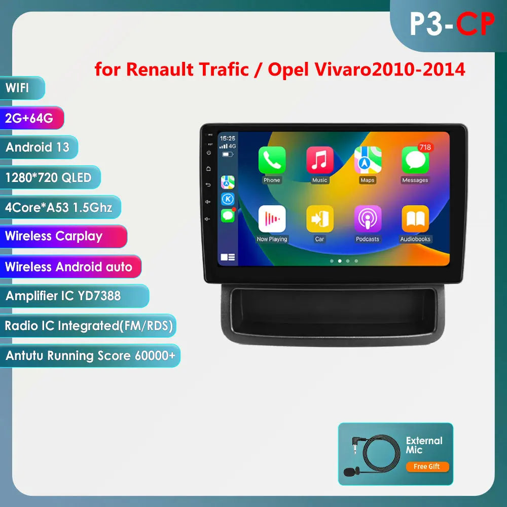 Renault Trafic Opel Vivaro 2010 - 2014 9" Android 14 Carplay Android auto wireless wifi bt gps 4g AUTMQFMG