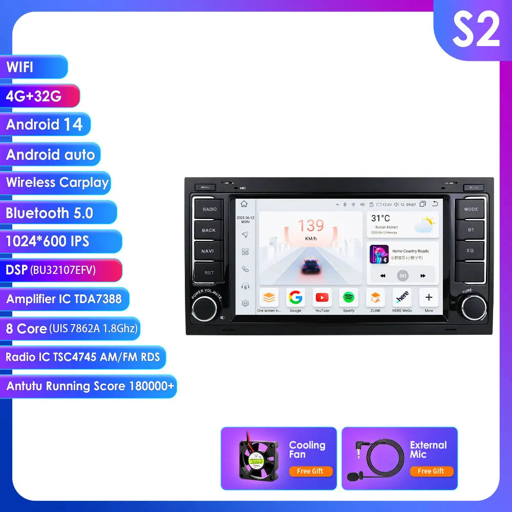 Volkswagen Transporter Touareg 2004-2009 7" Android 14 Carplay Android auto wireless wifi bt gps 4g AUTMZWMR