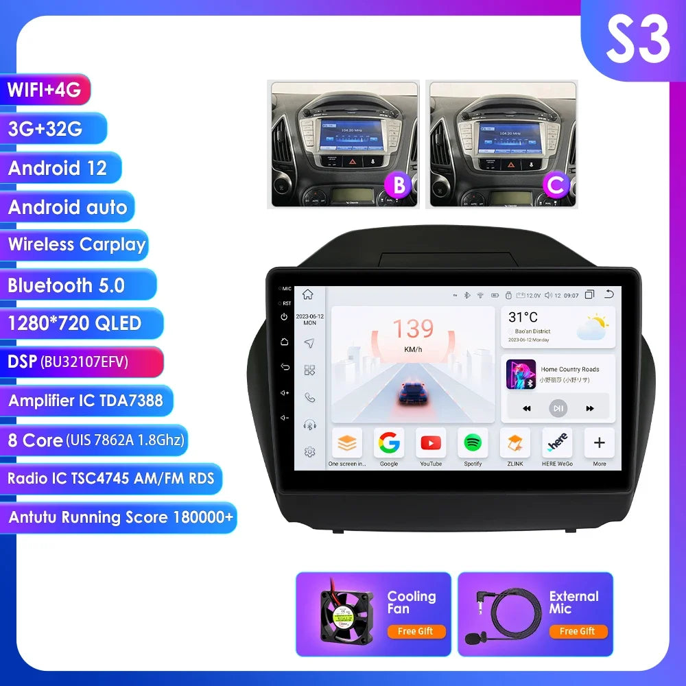 Hyundai Tucson 2 LM IX35 2009-2015 9" / 10,33" Android 14 Carplay Android auto wireless wifi bt gps 4g AUTMKXK8